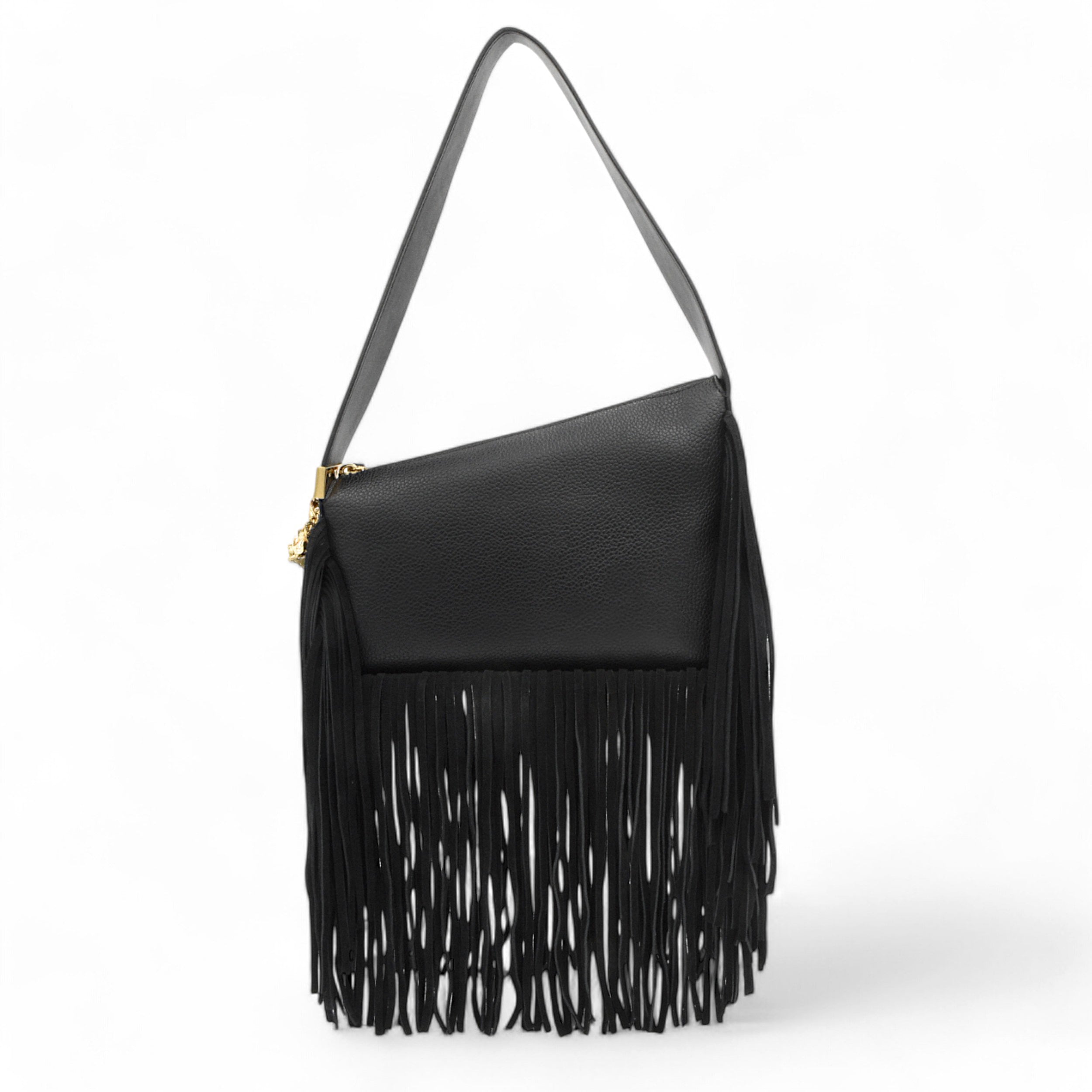 Luck & Zodiac Orion style shoulder bag with fringe in black vegan leather