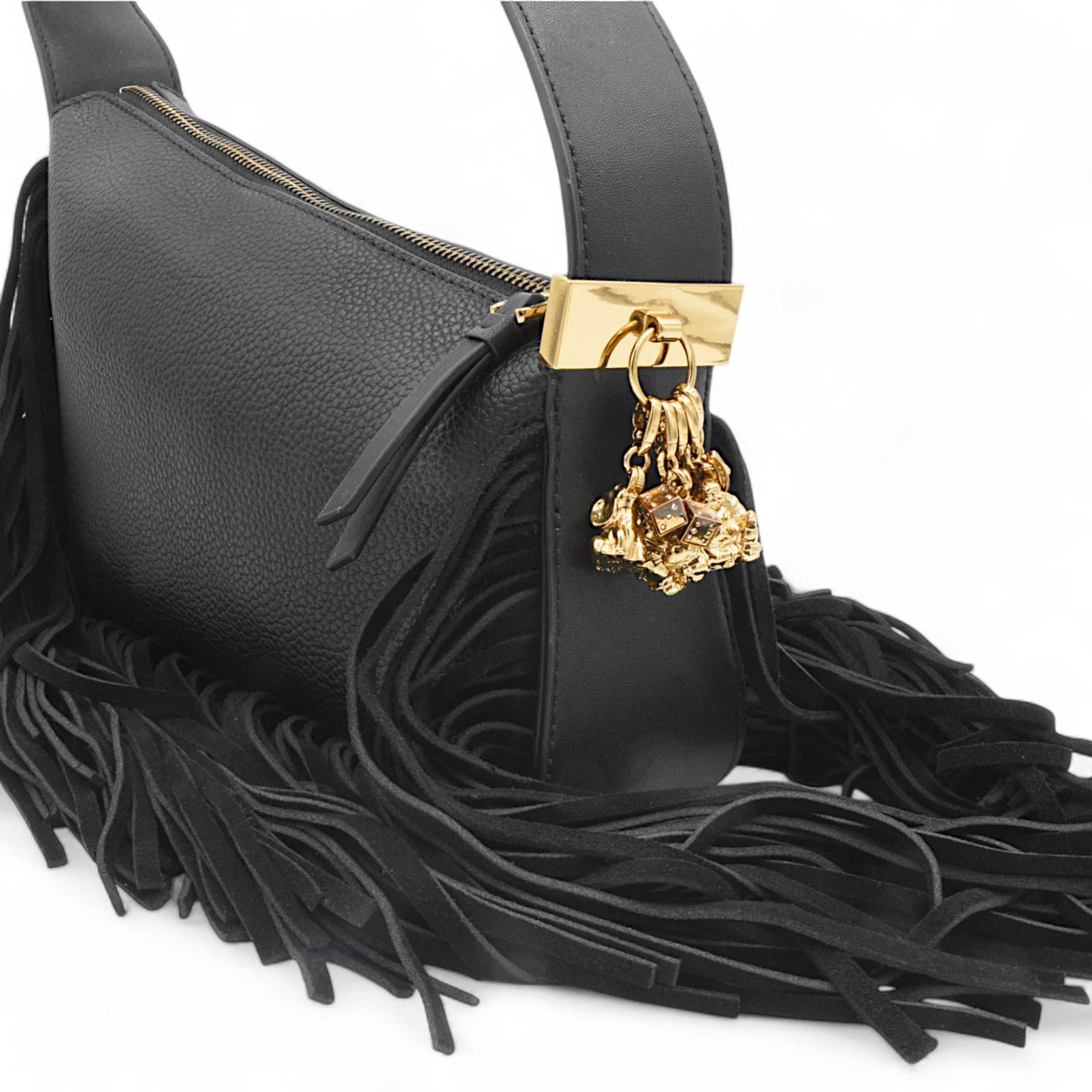 Luck & Zodiac Orion style shoulder bag with fringe in black vegan leather with gold metal hardware and charms