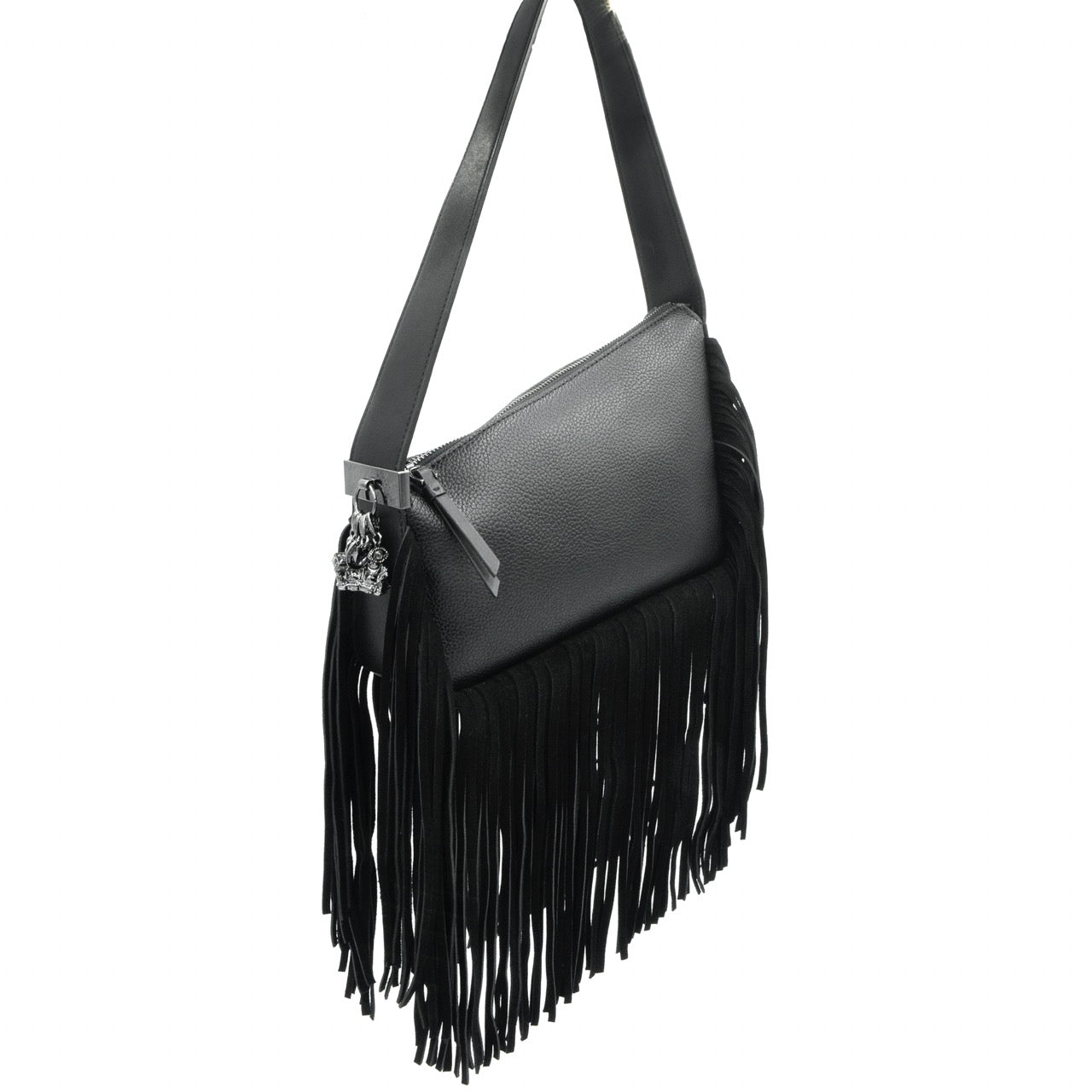 Luck & Zodiac Orion style shoulder bag with fringe in black vegan leather